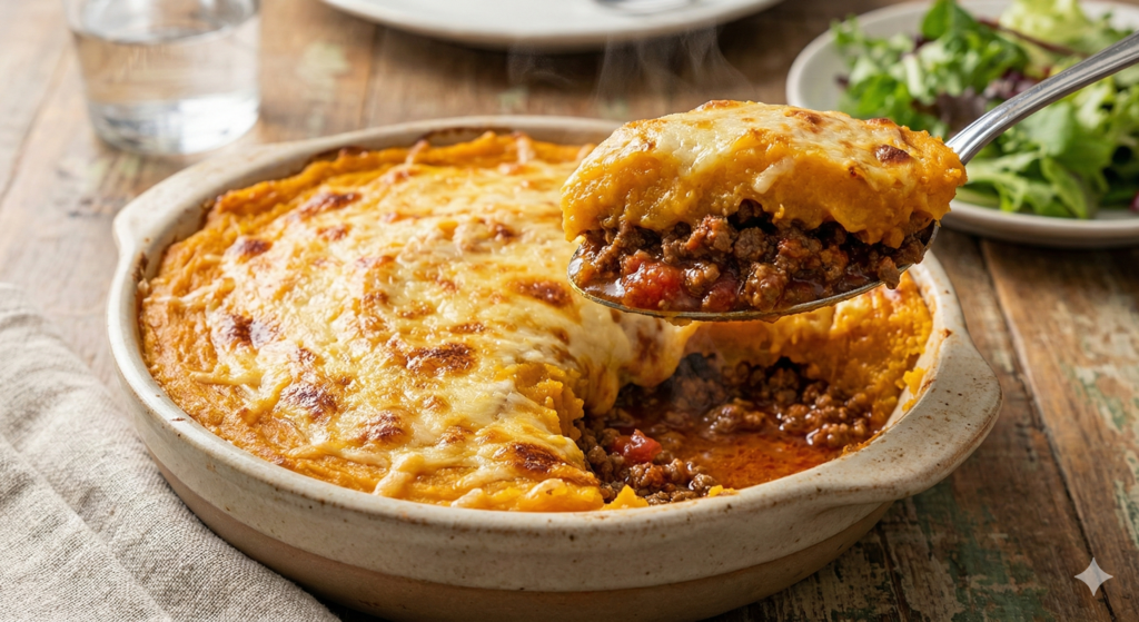 Travessa com escondidinho de abóbora cabotiá low carb gratinado com queijo e recheio de carne moída.