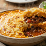 Travessa com escondidinho de abóbora cabotiá low carb gratinado com queijo e recheio de carne moída.