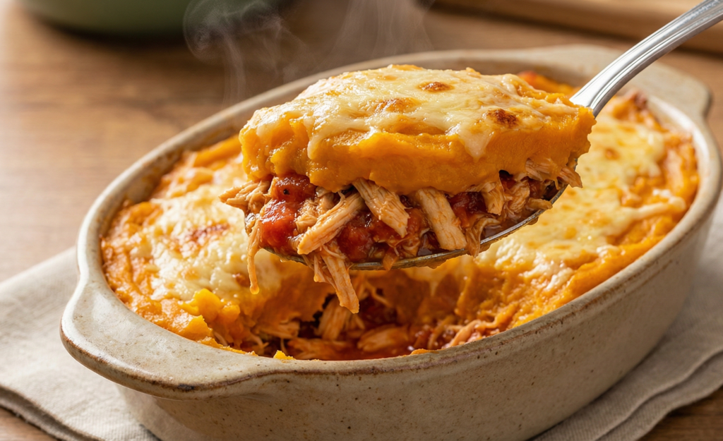 Porção de escondidinho de frango low carb com purê de abóbora cabotiá e queijo gratinado.