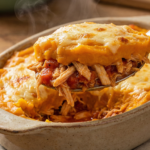 Porção de escondidinho de frango low carb com purê de abóbora cabotiá e queijo gratinado.