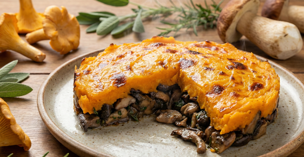 Fatia de escondidinho vegetariano low carb com recheio de cogumelos e cobertura de abóbora cabotiá.