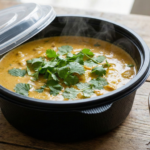 Marmita fitness aberta com curry de grão de bico cremoso e arroz branco, decorada com coentro fresco sobre uma mesa de madeira.