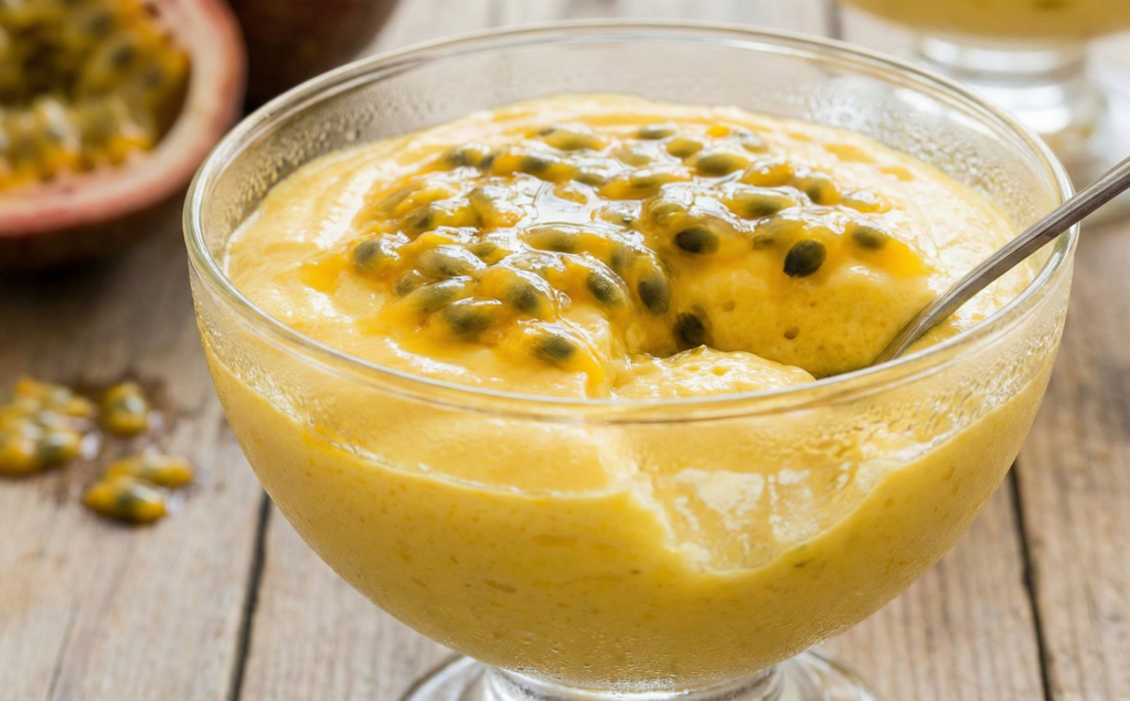 Taça com mousse de maracujá fit cremosa e cobertura de sementes da fruta.