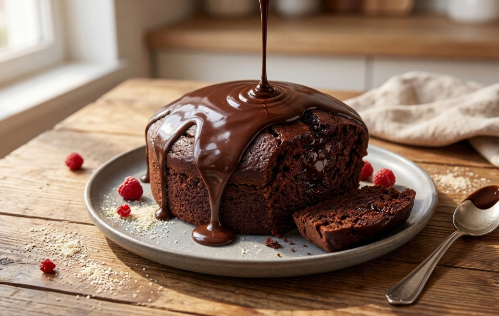Bolo de chocolate fit redondo em um prato, com cobertura brilhante de ganache de chocolate escorrendo pela massa úmida, acompanhado de framboesas sobre uma mesa rústica de madeira iluminada.