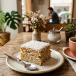 Pedaço de bolo de coco gelado fitness molhadinho coberto com coco ralado em um prato.