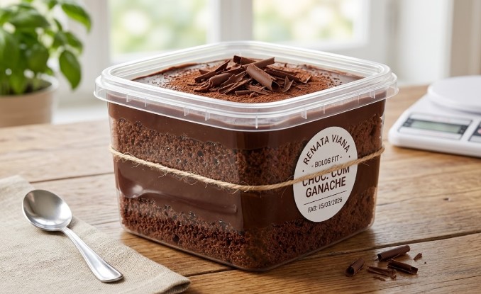 Close-up de dois bolos de pote fit em embalagens transparentes de 200ml sobre uma mesa de madeira. É possível ver claramente as camadas intercaladas de massa de chocolate úmida e recheio cremoso de ganache, com raspas de chocolate 70% no topo. Uma colher de sobremesa repousa ao lado.