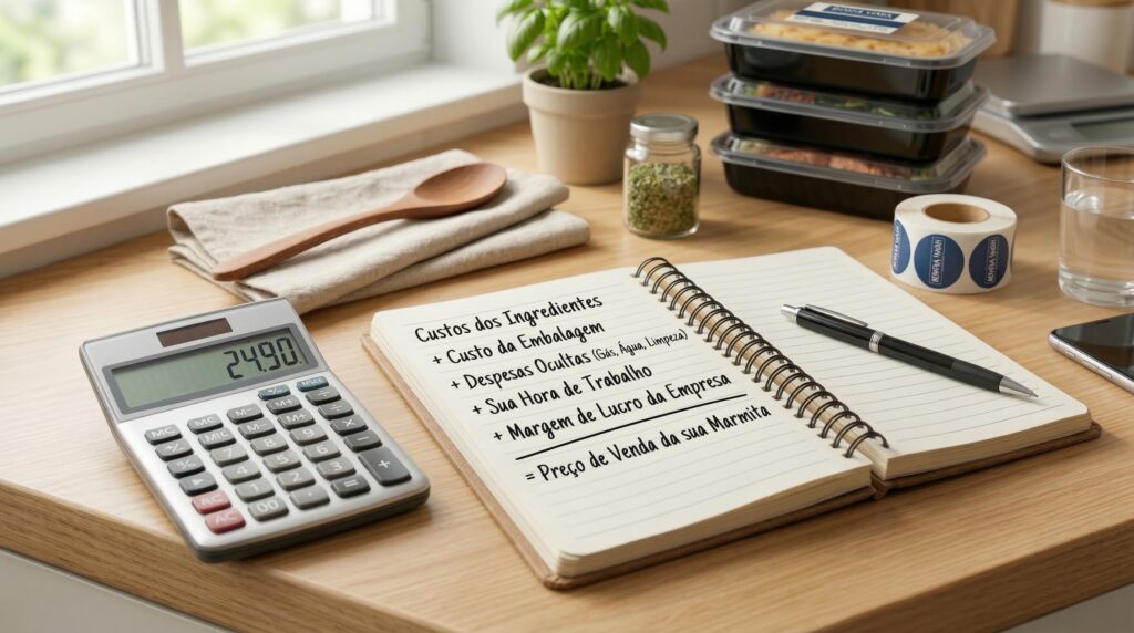 Visão de cima de uma mesa de trabalho organizada contendo uma calculadora, um caderno aberto com anotações de receitas e custos, uma caneta, e uma marmita fit retangular preta ao lado com uma salada e frango grelhado.