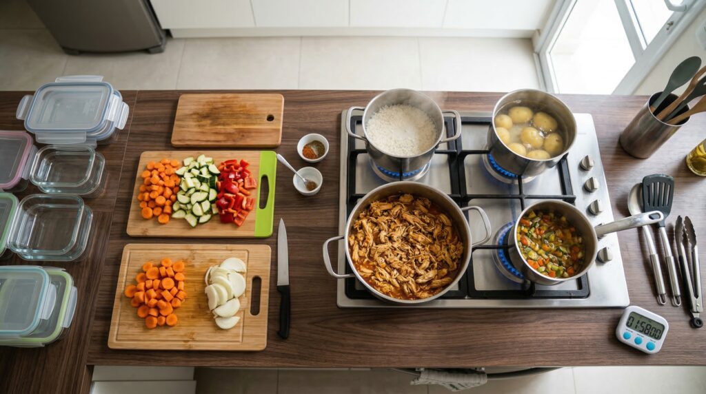 Visão de cima de uma bancada de cozinha de madeira organizada, com todas as bocas do fogão ligadas. Panelas cozinhando arroz e batatas, legumes picados em tábuas, e um pote grande com frango desfiado (estilo do frango da imagem 24). Um cronômetro digital no canto marca 01:58:00. O ambiente está banhado por luz natural.