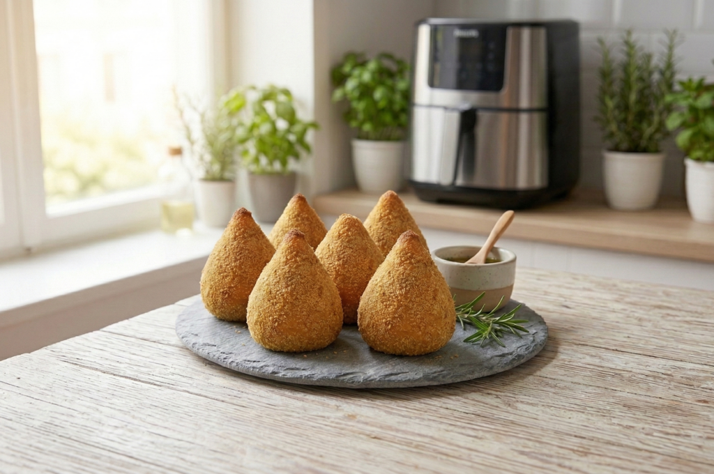 Cinco coxinhas fit de frango inteiras e crocantes dispostas em pirâmide sobre uma placa de servir de ardósia cinza, que repousa sobre uma mesa rústica de madeira texturizada. Ao lado, uma tigela de molho chimichurri caseiro com colher de pau e alecrim fresco. O fundo é uma cozinha ensolarada com janela, vasos de ervas e uma Airfryer moderna.