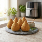 Cinco coxinhas fit de frango inteiras e crocantes dispostas em pirâmide sobre uma placa de servir de ardósia cinza, que repousa sobre uma mesa rústica de madeira texturizada. Ao lado, uma tigela de molho chimichurri caseiro com colher de pau e alecrim fresco. O fundo é uma cozinha ensolarada com janela, vasos de ervas e uma Airfryer moderna.