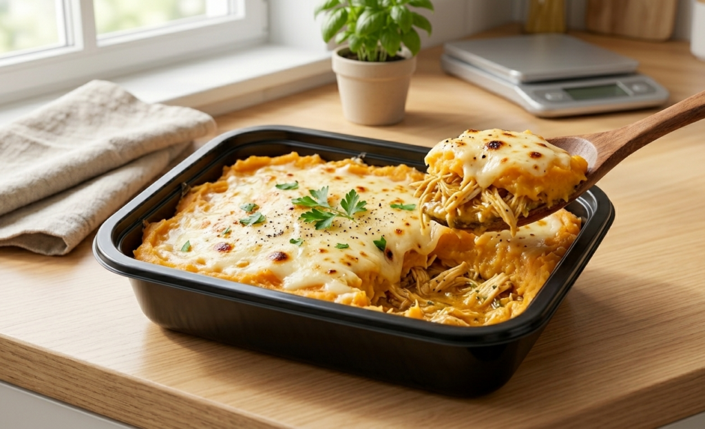 Marmita retangular preta aberta mostrando um escondidinho fit recém-assado. A camada superior é um purê de batata-doce cremoso e gratinado com queijo derretido, e uma colherada retirada revela o recheio suculento de frango desfiado por baixo. Tudo sobre uma bancada de madeira.