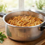 Panela de pressão aberta cheia de frango desfiado suculento, úmido e com coloração dourada da páprica, ao lado de um batedor de arame (fouet), alho e temperos frescos sobre uma tábua de madeira rústica.