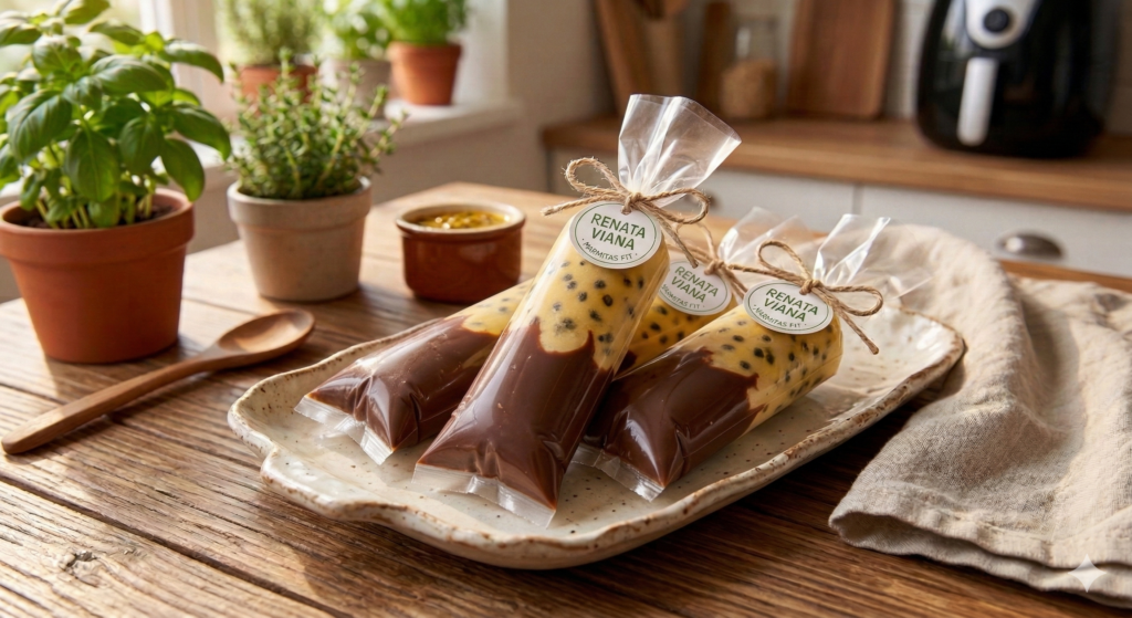 Visão aproximada de três geladinhos gourmet artesanais de maracujá com chocolate, dispostos em uma travessa de cerâmica sobre uma mesa de madeira rústica. Cada geladinho embalado em saquinho transparente revela a camada de polpa de maracujá cremosa com sementes visíveis no topo e uma rica base de calda de chocolate escuro no fundo. As embalagens são atadas com barbante de rami e têm rótulos da marca 'Renata Viana'. O fundo é uma cozinha ensolarada com elementos como manjericão e alecrim em vasos e uma Air Fryer, evocando um produto 'fit', artesanal e premium.
