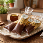 Visão aproximada de três geladinhos gourmet artesanais de maracujá com chocolate, dispostos em uma travessa de cerâmica sobre uma mesa de madeira rústica. Cada geladinho embalado em saquinho transparente revela a camada de polpa de maracujá cremosa com sementes visíveis no topo e uma rica base de calda de chocolate escuro no fundo. As embalagens são atadas com barbante de rami e têm rótulos da marca 'Renata Viana'. O fundo é uma cozinha ensolarada com elementos como manjericão e alecrim em vasos e uma Air Fryer, evocando um produto 'fit', artesanal e premium.