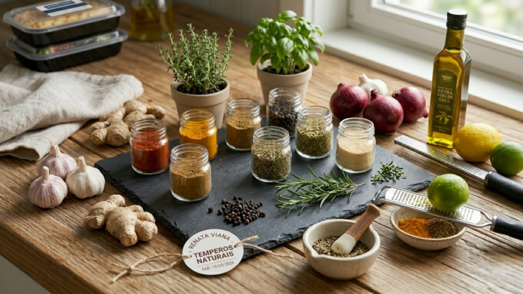Close-up de uma bancada de cozinha rústica de madeira organizada, focando em uma palette de temperos naturais. No centro, uma tábua de ardósia escura com pequenos potes de vidro contendo páprica defumada, cúrcuma, cuminho, pimenta-do-reino e tomilho seco. Ao redor, ramos frescos de alecrim, manjericão em vaso, cebola roxa, gengibre, dentes de alho e um limão siciliano cortado ao meio. Uma garrafa de azeite extra virgem e um pilão de cerâmica estão próximos. No canto, uma pilha de marmitas pretas PP de Meal Prep (referência ao método). A luz natural banha a cena.