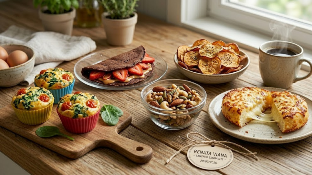 Mesa de madeira rústica e iluminada exibindo cinco opções de lanches: uma tábua com muffins de ovo e espinafre, uma tigela com mix de castanhas temperadas, um prato com crepioca de cacau e morangos, uma porção de chips de batata-doce e um pão de queijo de frigideira. Ao fundo, elementos frescos como folhas de espinafre e ovos.