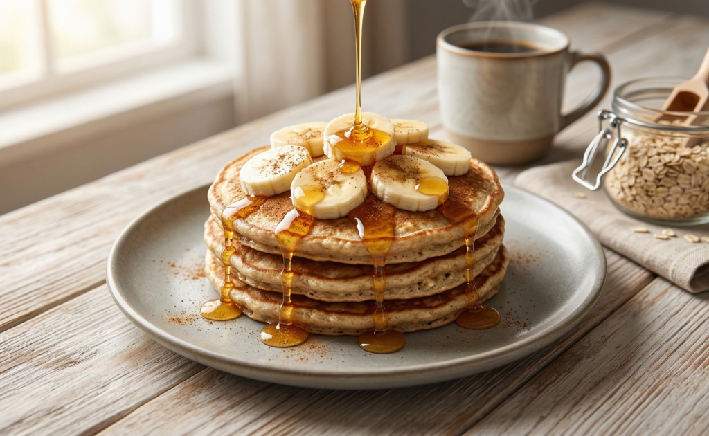 Pilha de panquecas de banana com aveia cobertas com mel e rodelas de fruta em um prato de cerâmica.