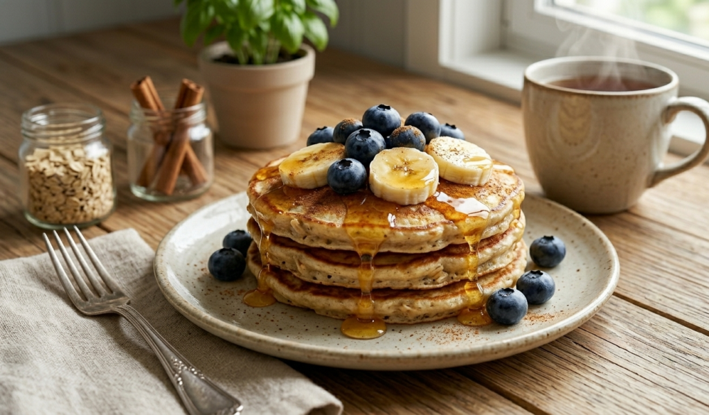 Pilha de três pequenas panquecas de aveia e banana douradas em um prato de cerâmica claro. Por cima da pilha, rodelas de banana fresca, mirtilos e um fio generoso de mel escorrendo pelas laterais. Ao fundo, uma xícara de chá e potinhos de vidro com aveia e canela em pau.
