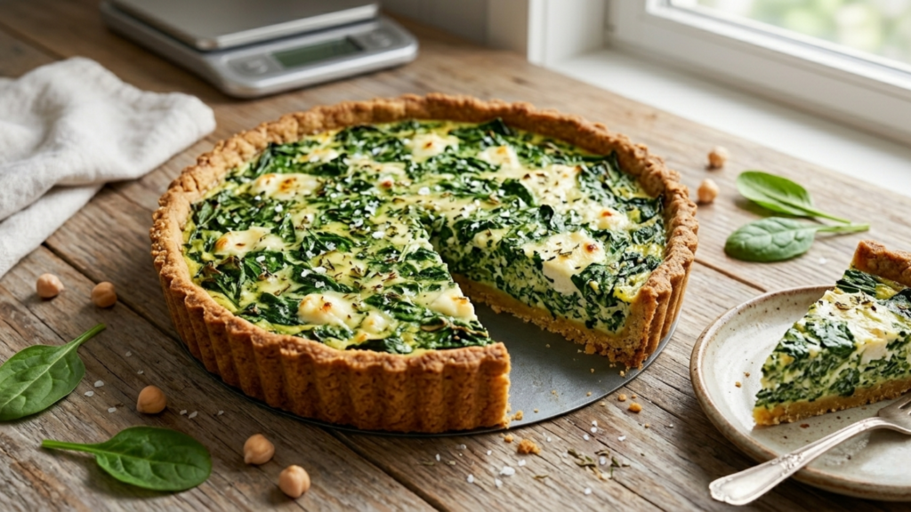 Fotografia rústica de uma quiche fit de espinafre recém-assada, com uma fatia já cortada e servida em um prato branco ao lado. A massa feita de grão-de-bico aparece dourada e crocante nas bordas, enquanto o recheio verde de espinafre e ricota está cremoso. Ao fundo, uma tigela com farinha de grão-de-bico e folhas frescas de espinafre.